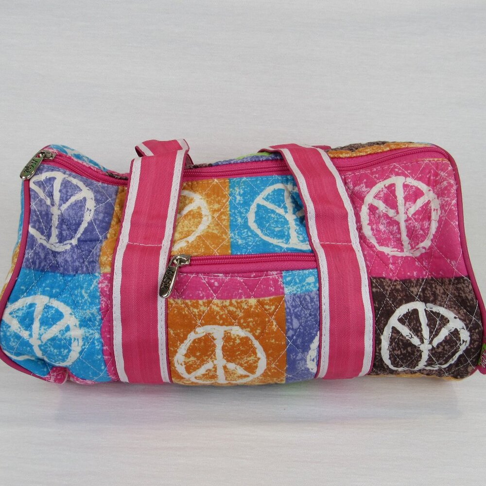 N. Gil Quilted Peace Sign Boho Duffle Bag Multicolored Zipper Closure